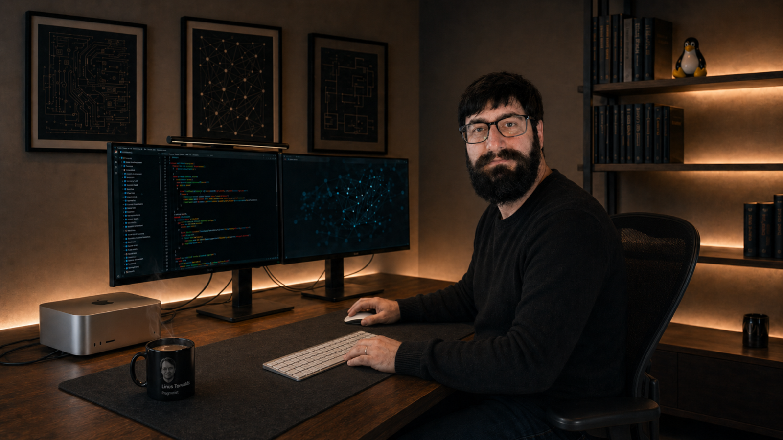 Richard seated at a modern developer workstation