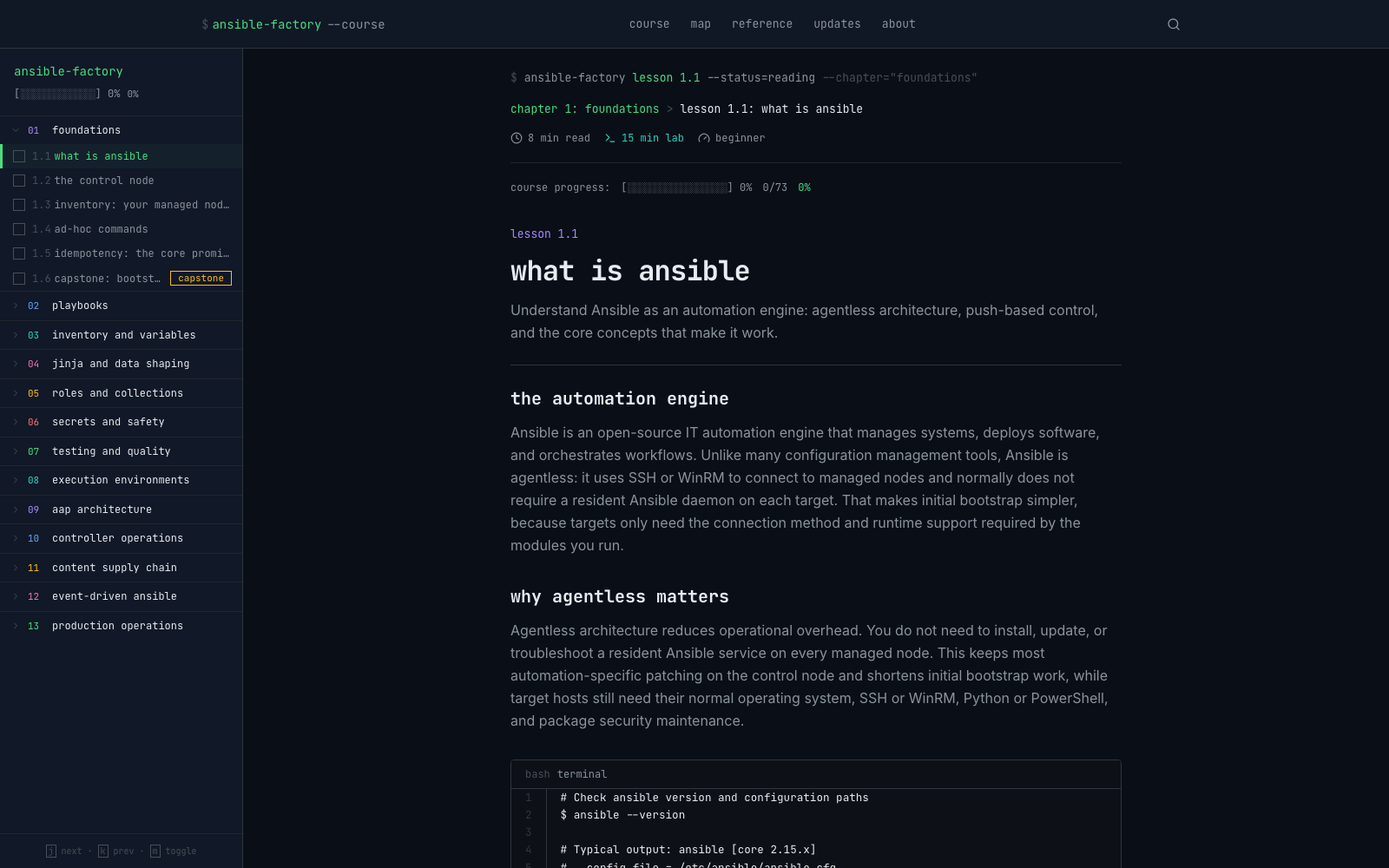 Ansible Factory lesson reader with sidebar navigation, lesson metadata, command examples, and progress controls.