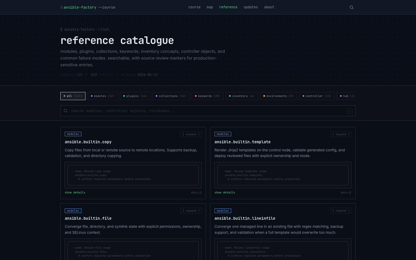 Ansible Factory reference catalogue with searchable Ansible resources, categories, and source freshness details.
