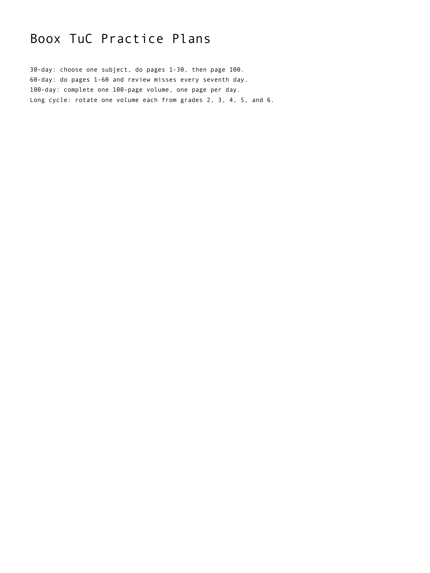 Boox Custom Templates rendered 100-day practice plan PDF page for the improved TuC workbook set.
