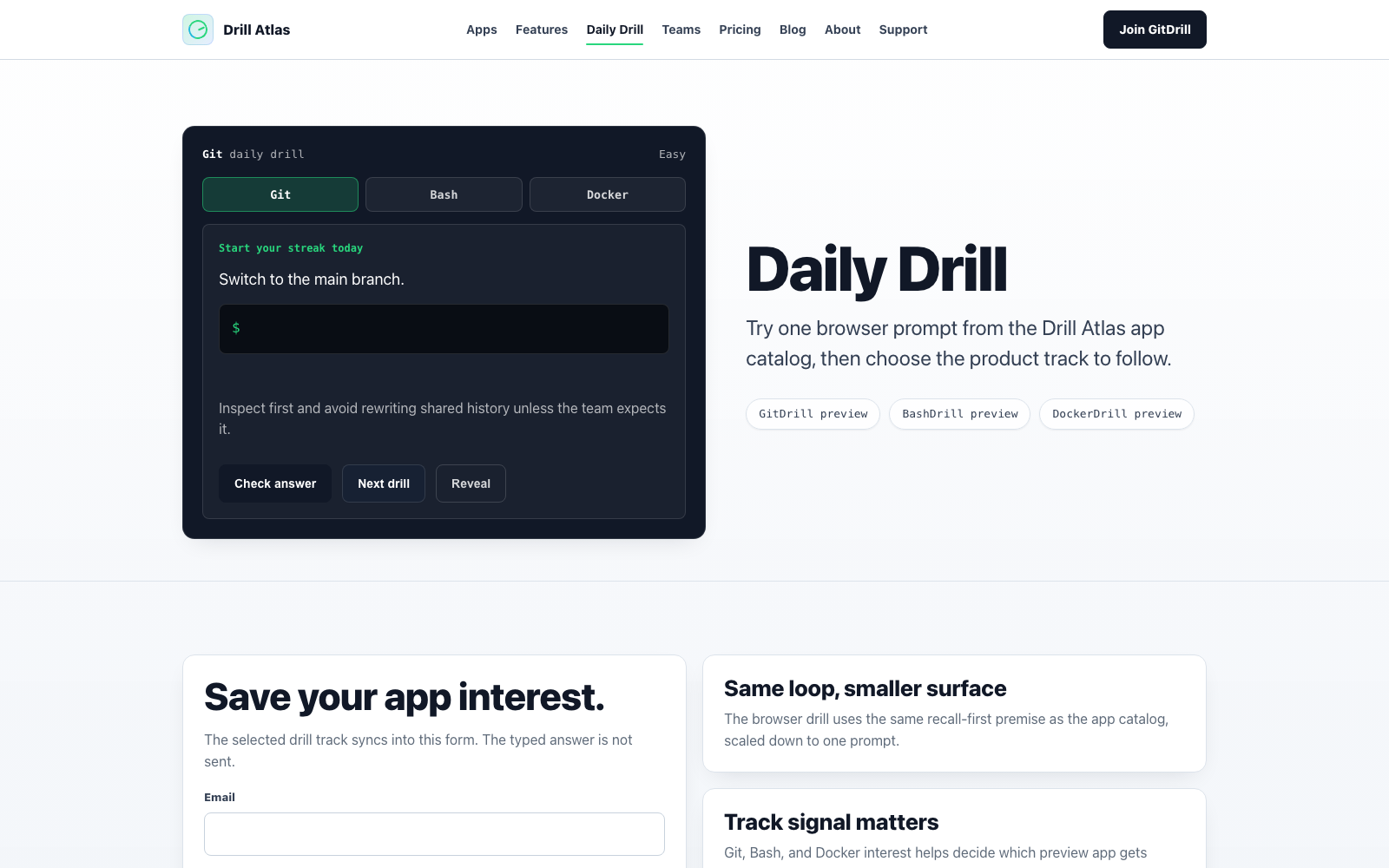 Drill Atlas Daily Drill page with command-practice prompt and habit loop.