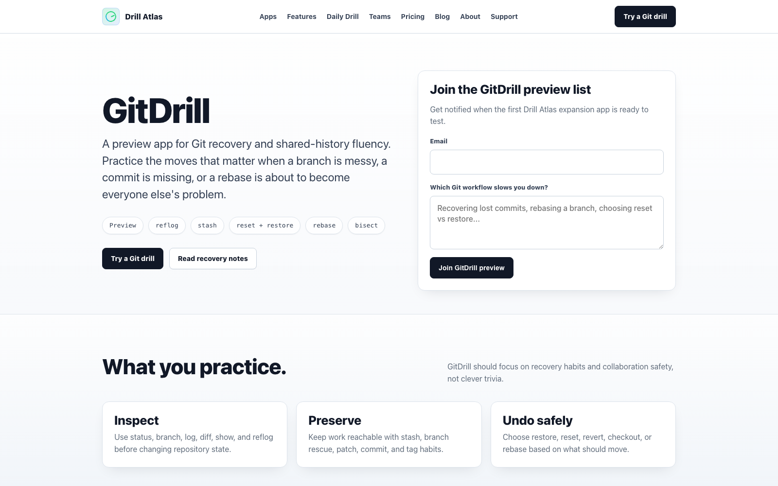 Drill Atlas individual Git drill product page with command-practice details.