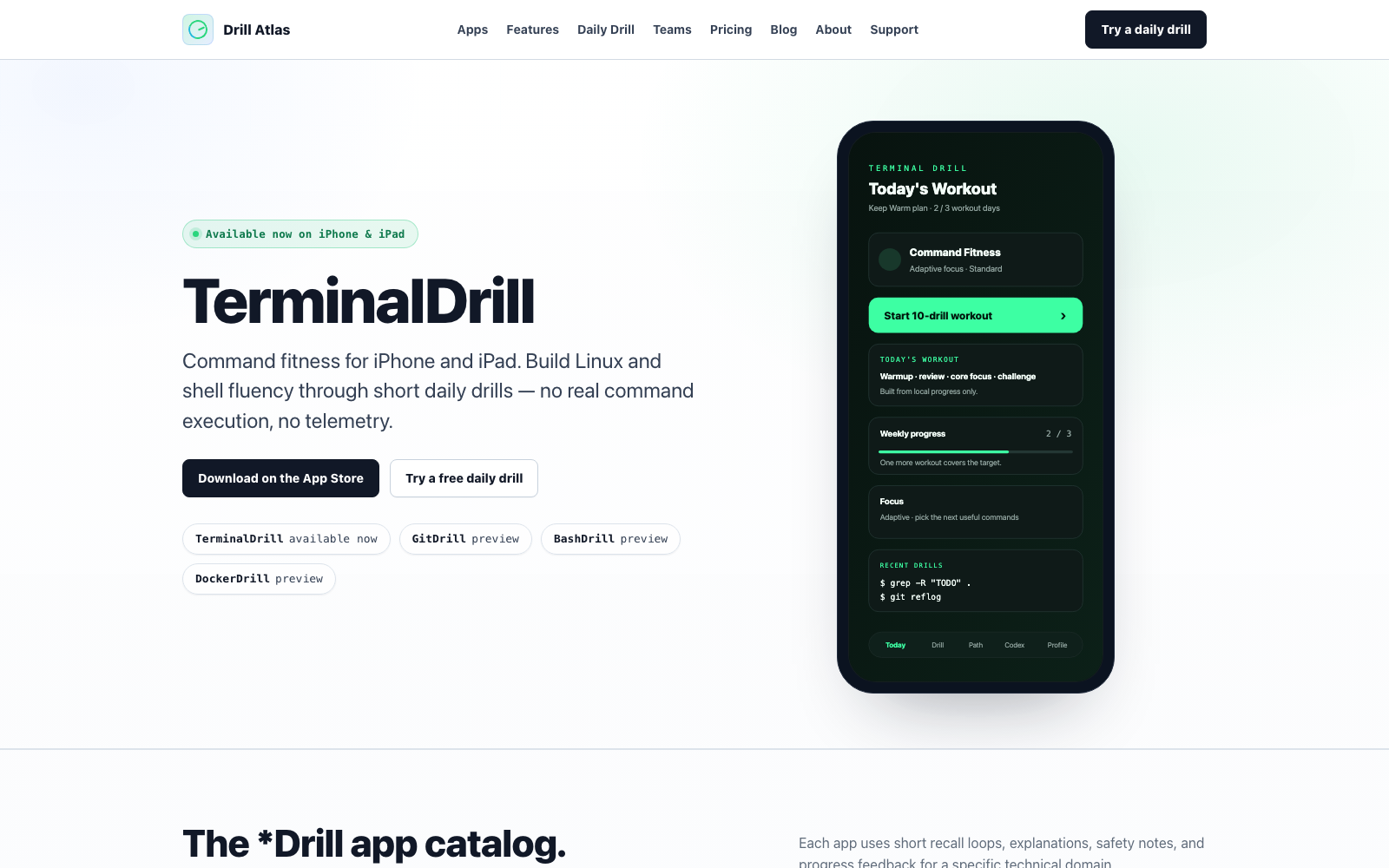 Drill Atlas homepage showing the command-practice product story.