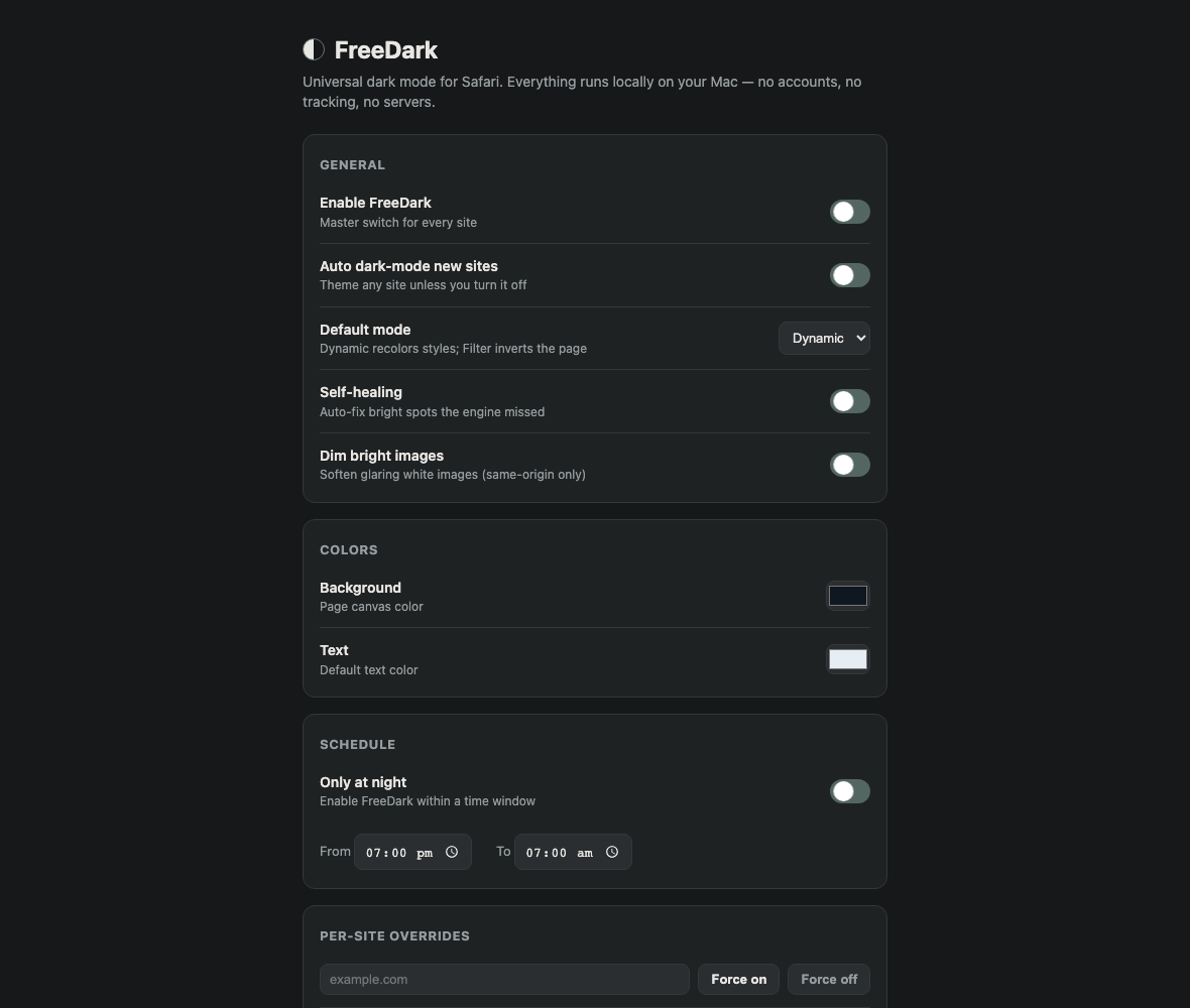 FreeDark options page with appearance settings and per-site controls.