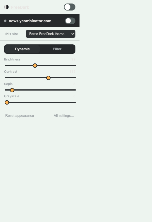 FreeDark Safari toolbar popup with global toggle, site controls, and quick settings.