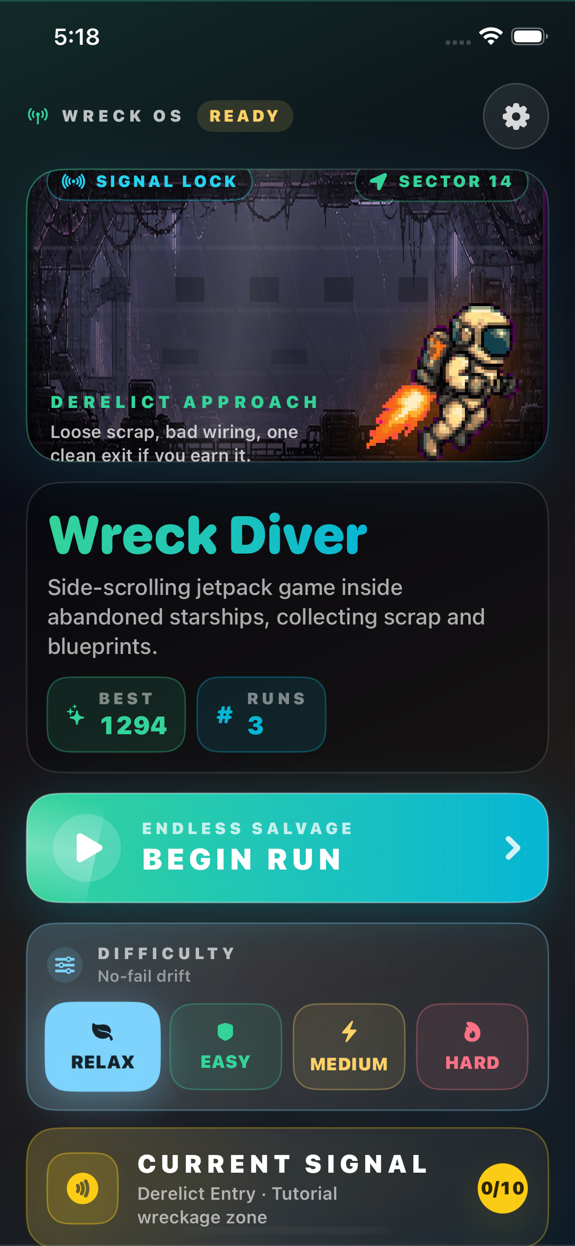 Wreck Diver menu screen with run entry and salvage presentation.