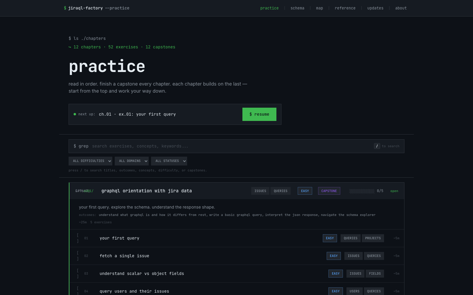 JiraQL Factory practice editor with Monaco GraphQL query panel, lesson context, mock response, and run controls.