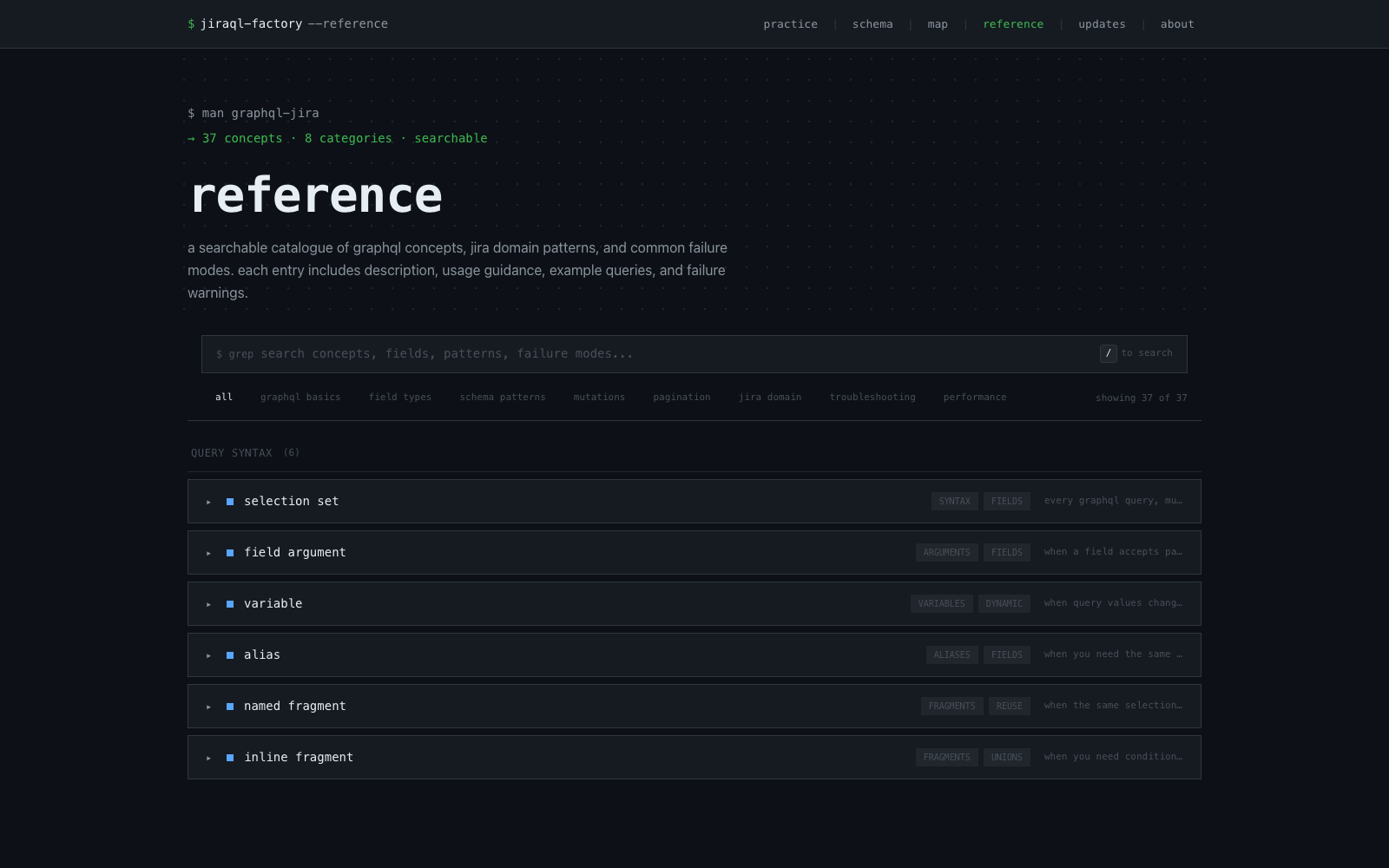 JiraQL Factory reference search page for GraphQL concepts, patterns, and examples.