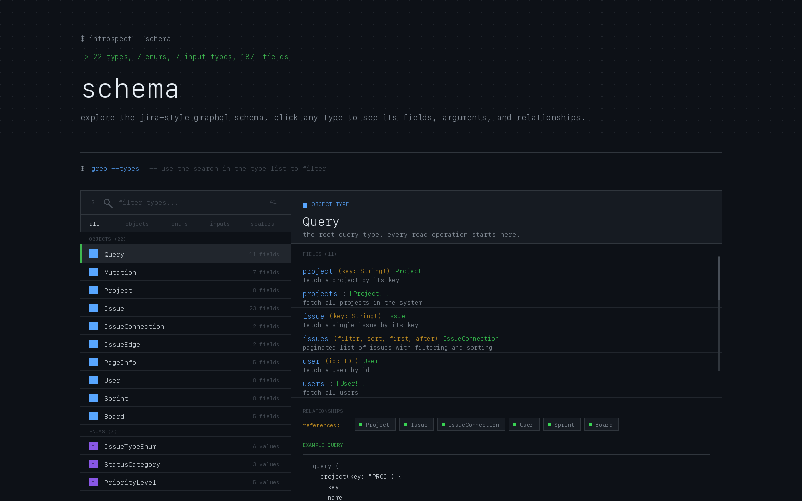 JiraQL Factory schema browser showing Query fields, schema types, arguments, and learning notes.