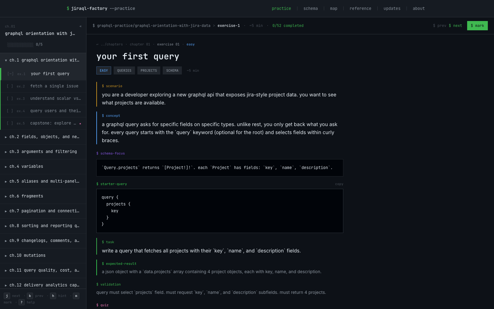 JiraQL Factory validation panel checking a GraphQL exercise response.