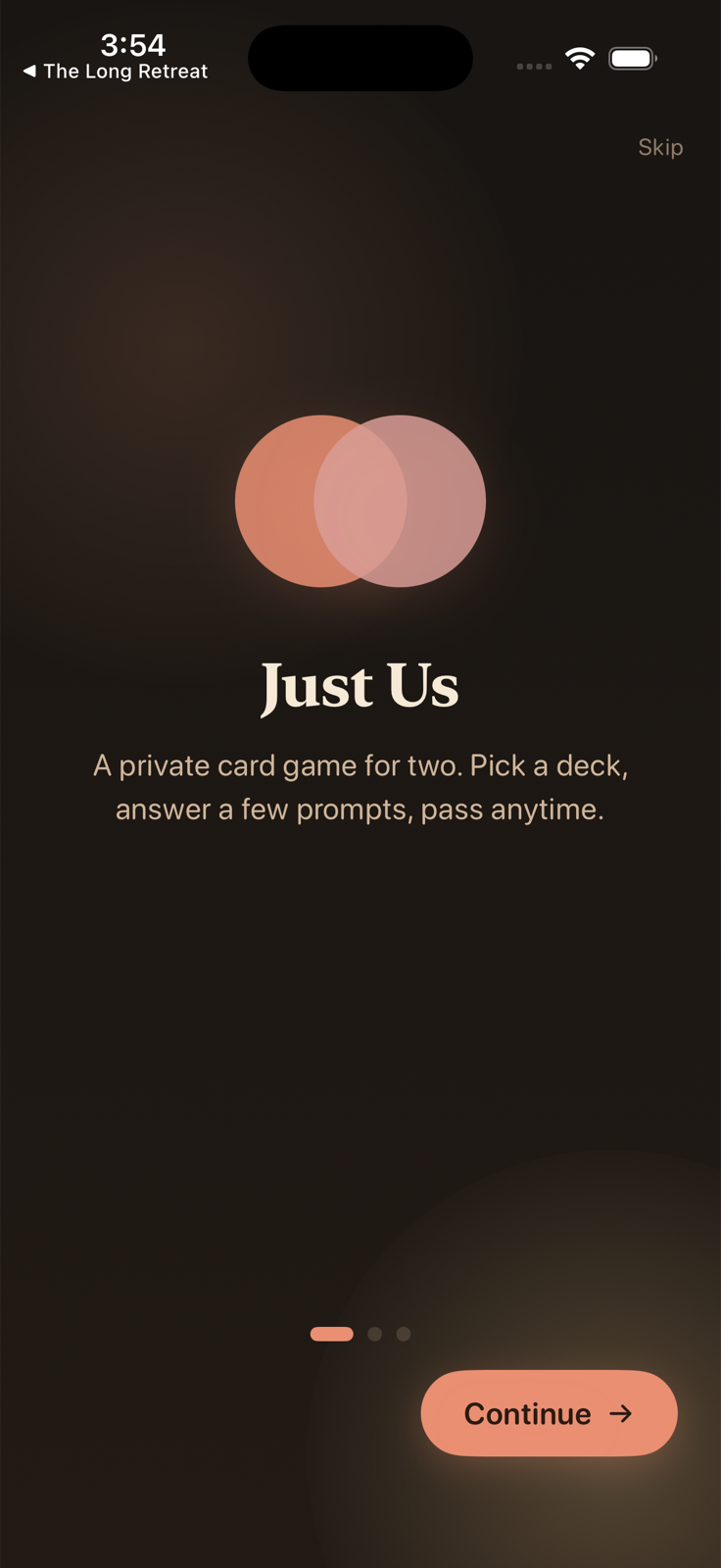 Just Us onboarding screen introducing the private couples card game.