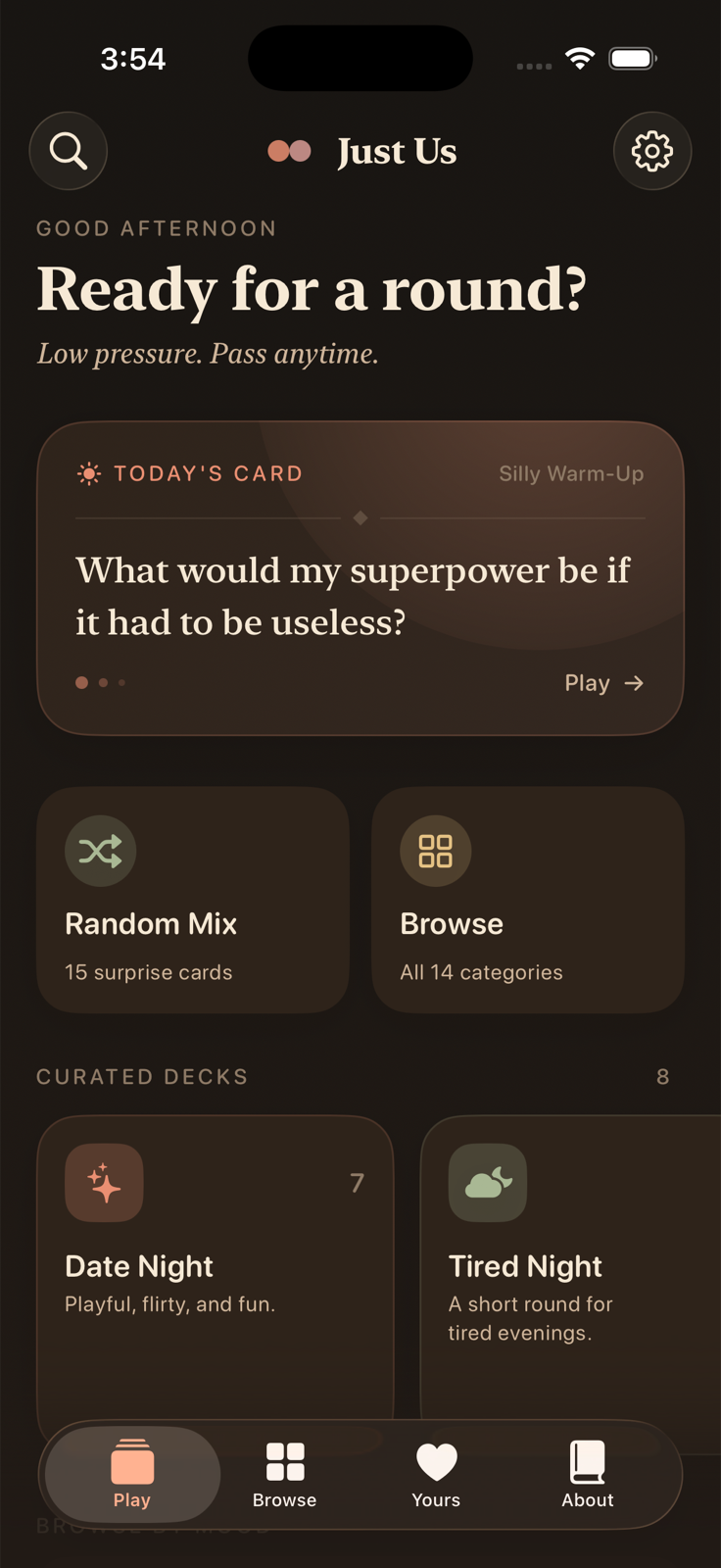 Just Us Play tab with today card, curated decks, and bottom navigation.