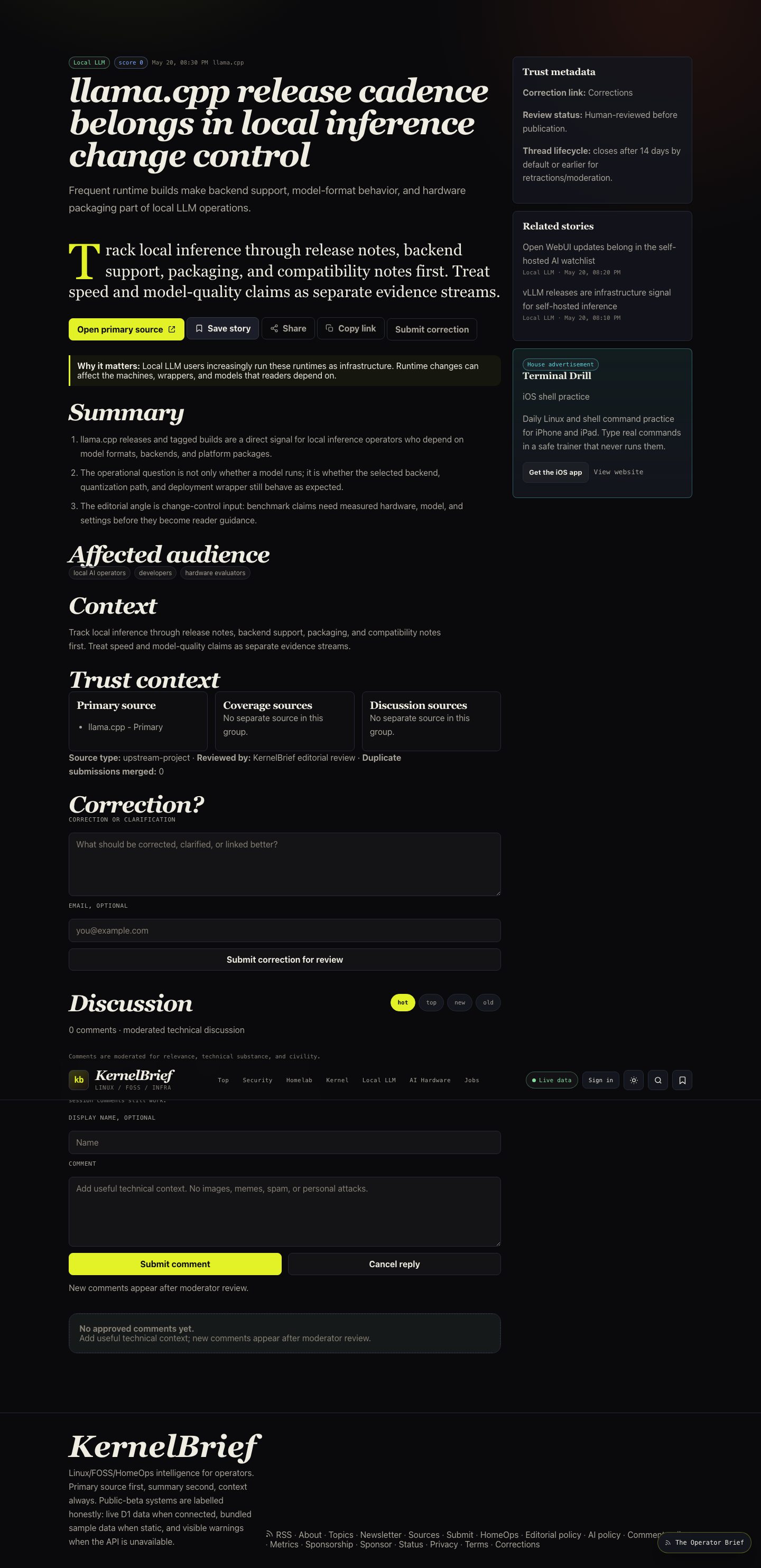 KernelBrief early draft story page with source-backed dispatch layout.