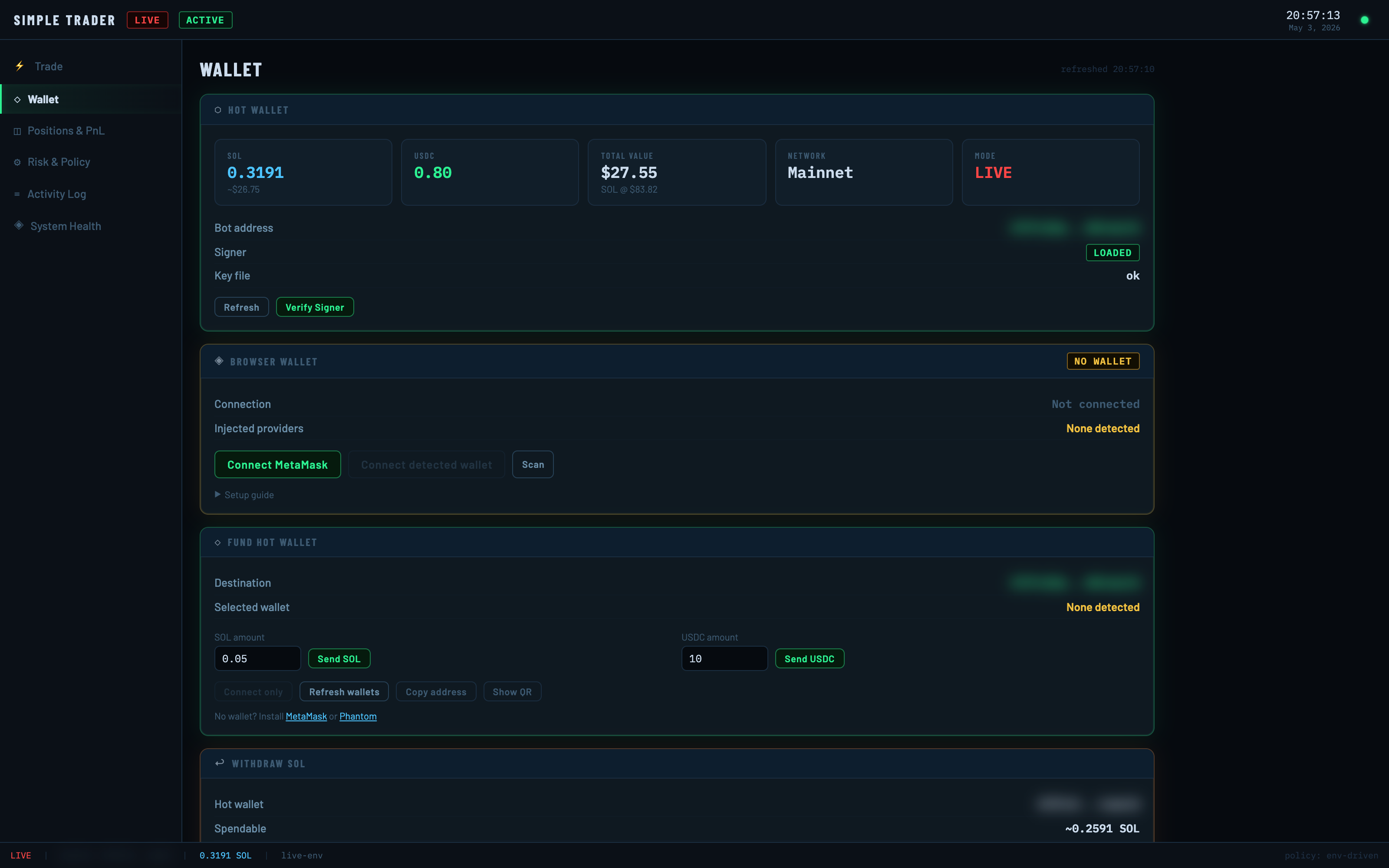 Wallet page with hot wallet balances, browser wallet connection, fund and withdraw flows.