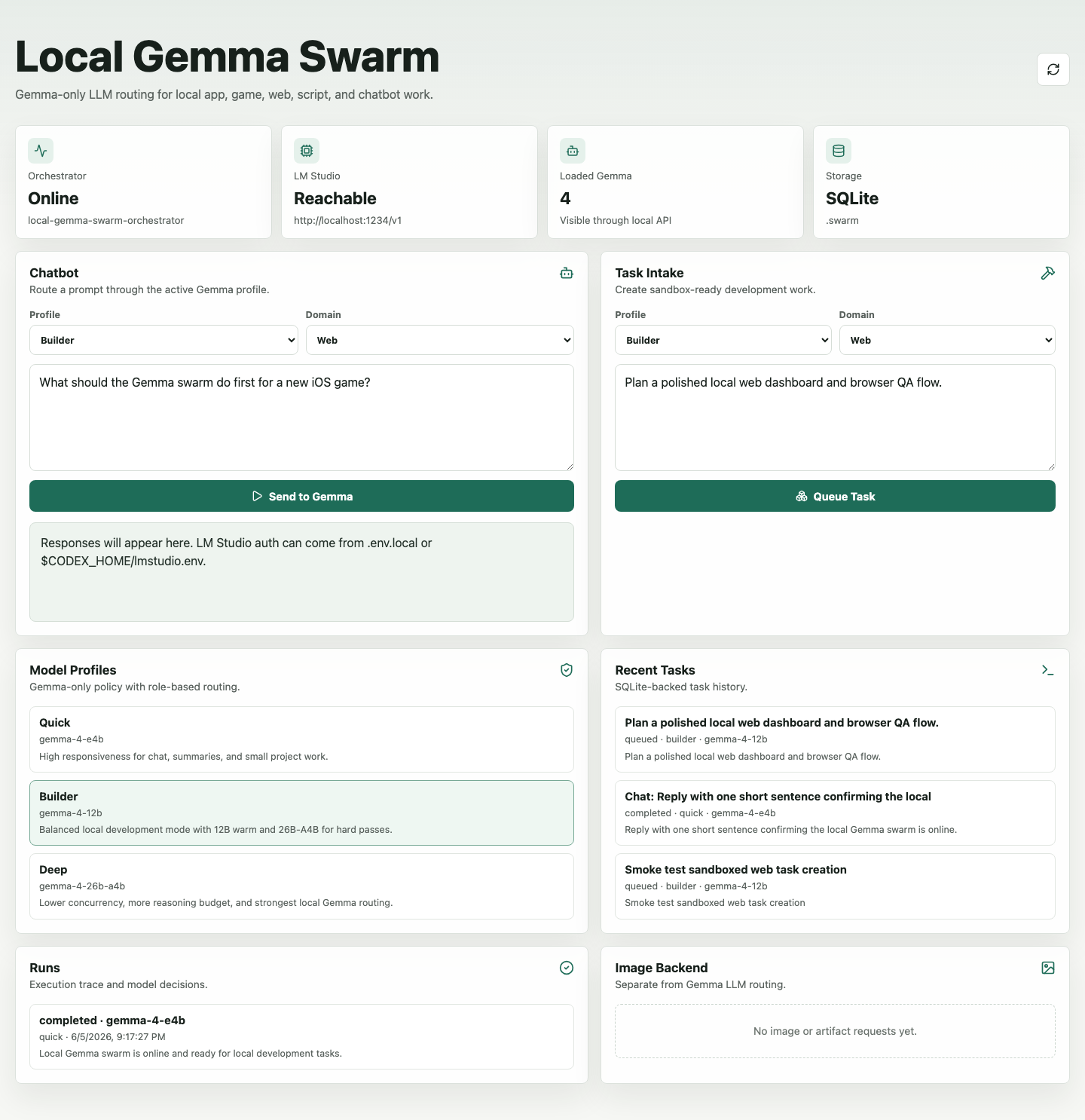 Local Swarm dashboard showing operational navigation, task panels, agent runs, and local model status.