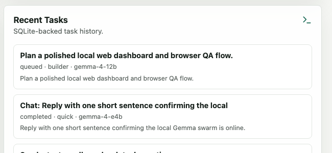 Local Swarm review queue showing manual approval state for agent work.