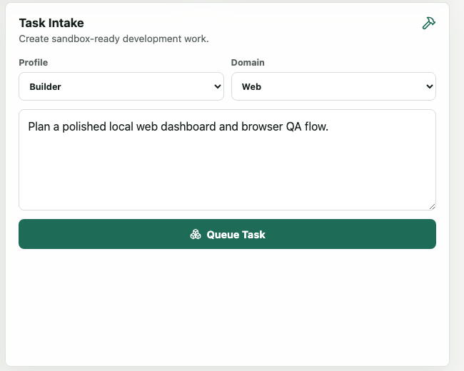 Local Swarm task intake panel for starting a local agent run with profile, domain, and constraints.