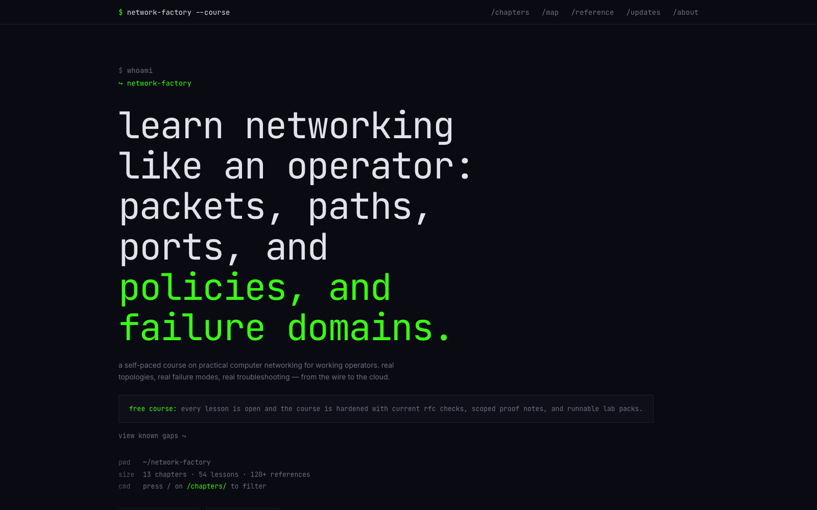 Network Factory homepage introducing the packet-first networking course.