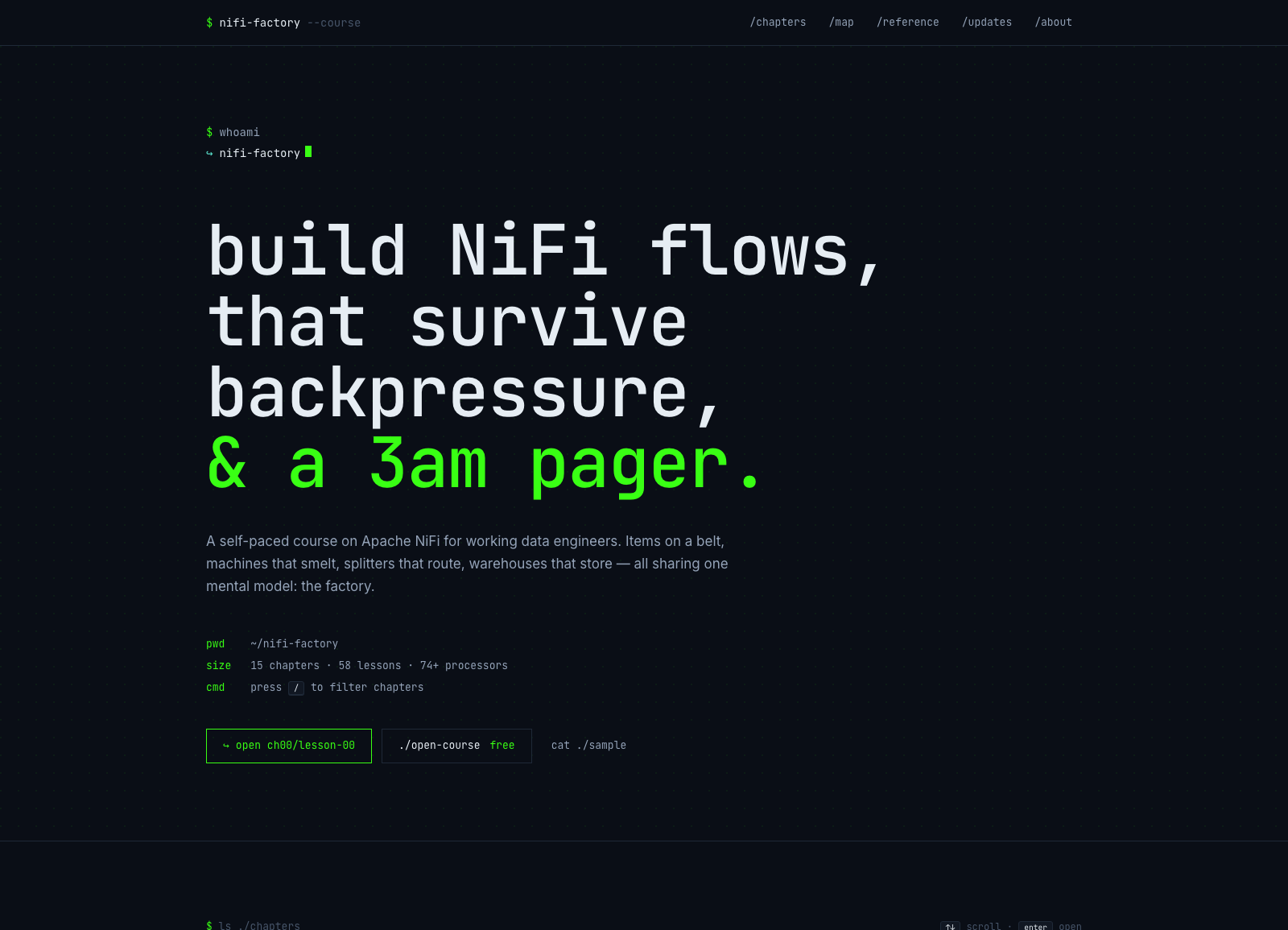 NiFi Factory homepage with terminal-style hero copy and free course actions.