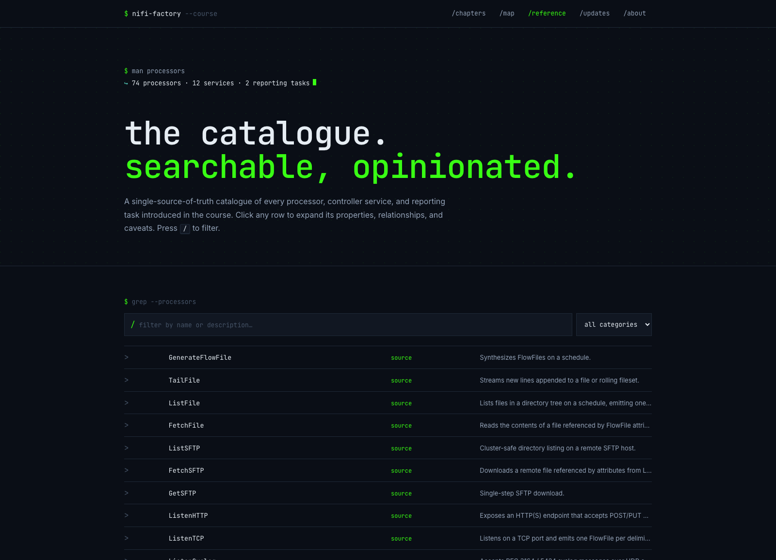 NiFi Factory processor reference with searchable processor catalogue.