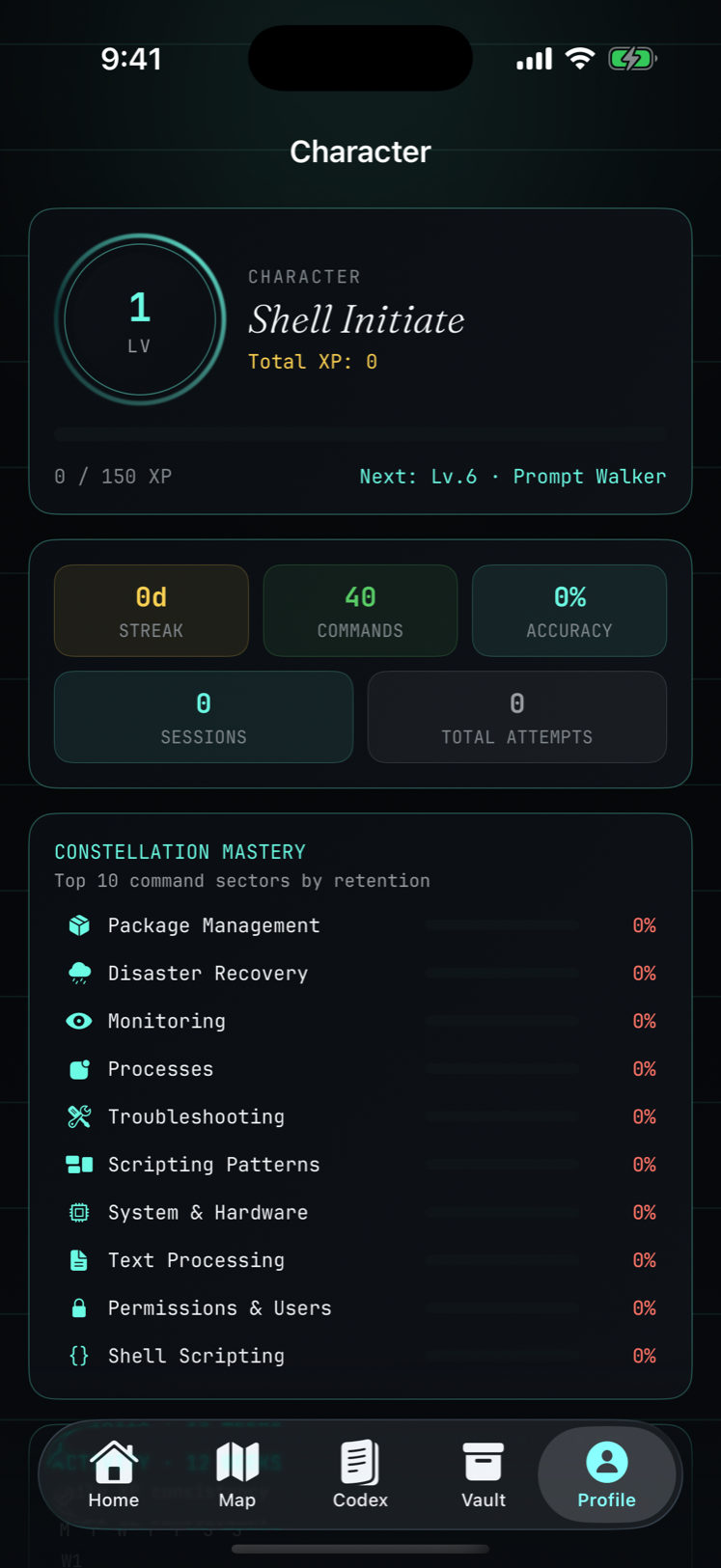 Shell Atlas Character profile with level, XP, streak, command count, accuracy, and Constellation Mastery breakdown.