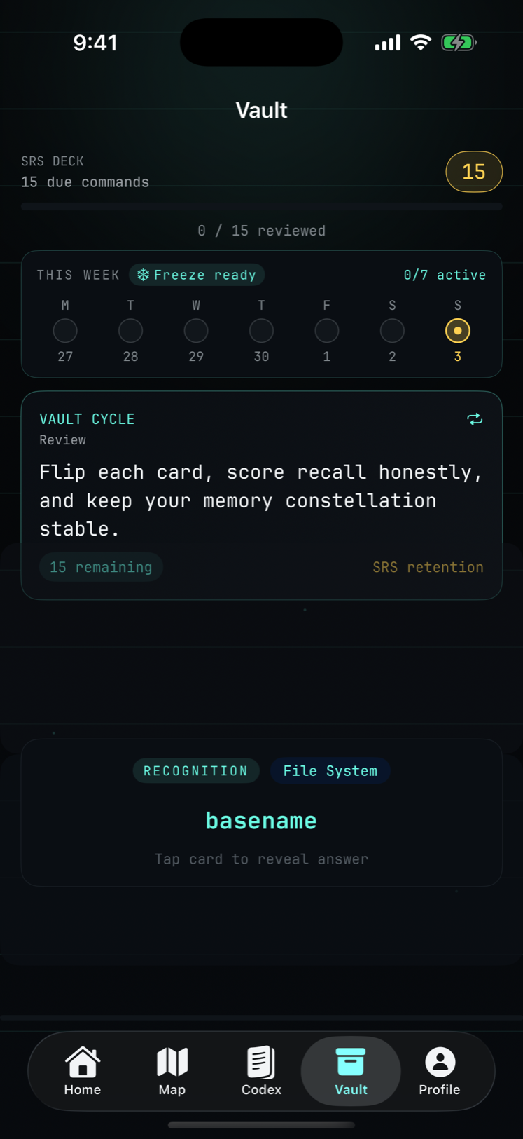 Shell Atlas Vault spaced-repetition deck with daily review cycle, weekly streak ring, and a flip-to-reveal card.