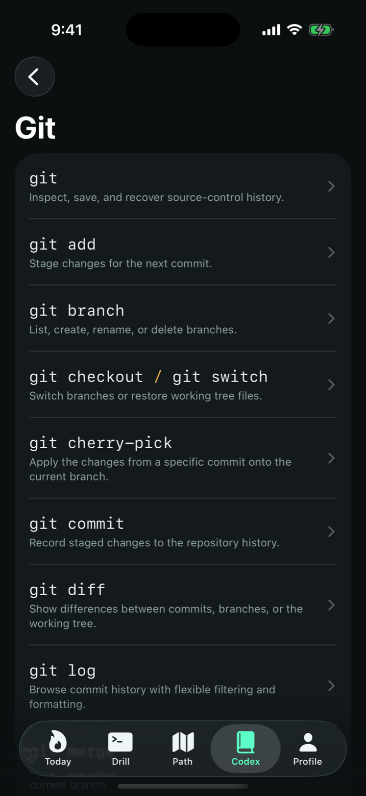 Terminal Drill Codex — Git module page listing git, git add, git branch, git checkout, git cherry-pick, git commit, git diff, and git log.