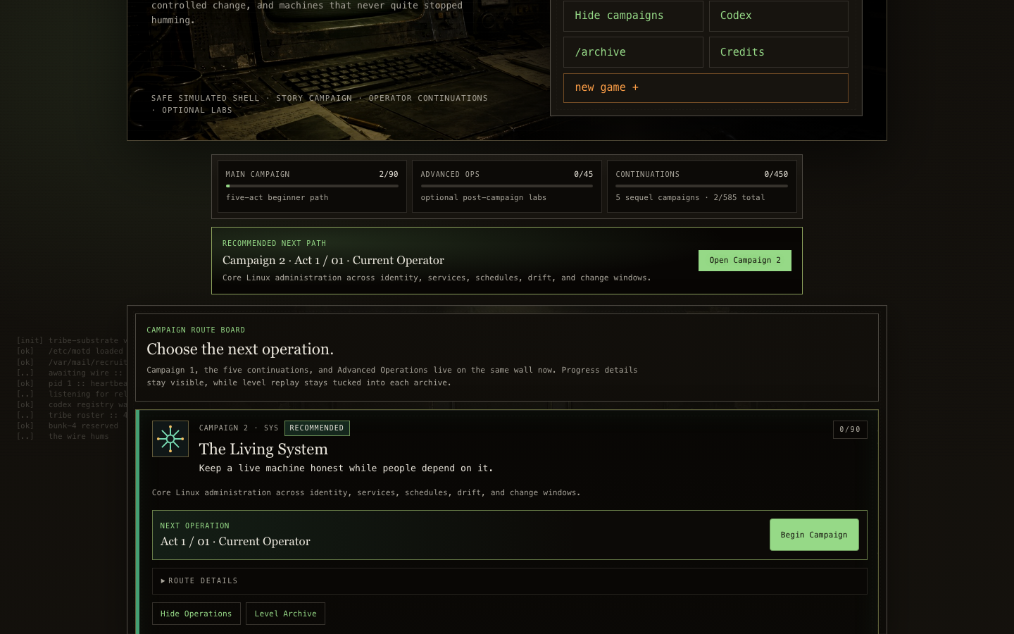 Terminal Tribe Steam campaign navigator showing desktop campaign selection.