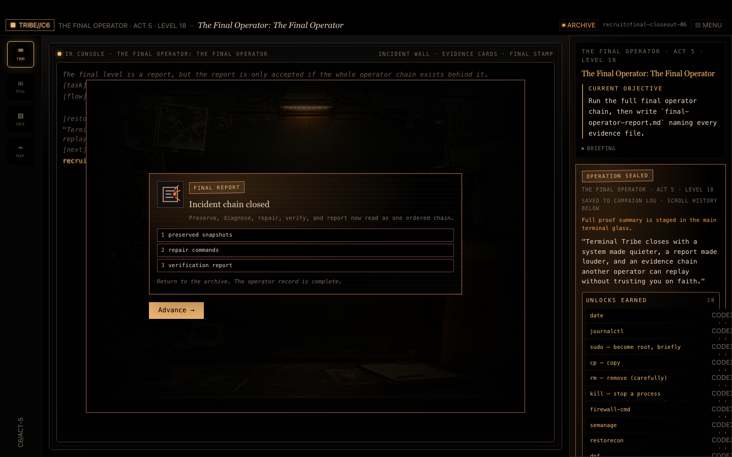 Terminal Tribe Steam capstone screen with advanced command-line challenge context.