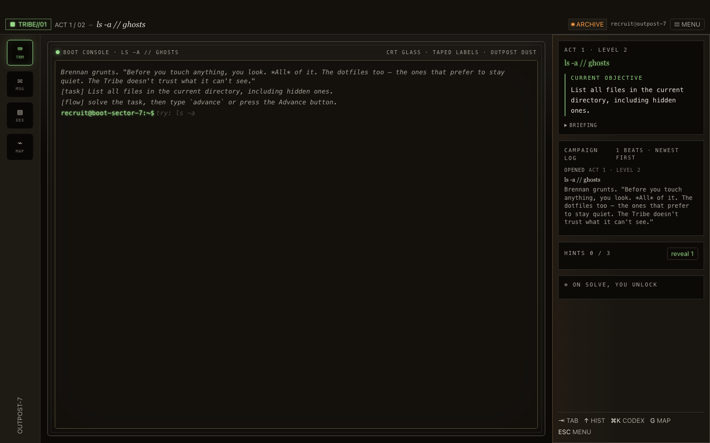 Terminal Tribe Steam desktop gameplay screen with terminal, objective, story, and command feedback.