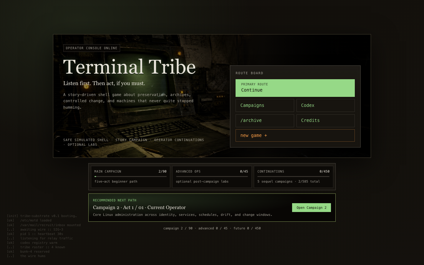 Terminal Tribe Steam desktop title menu with remaster-style campaign presentation.