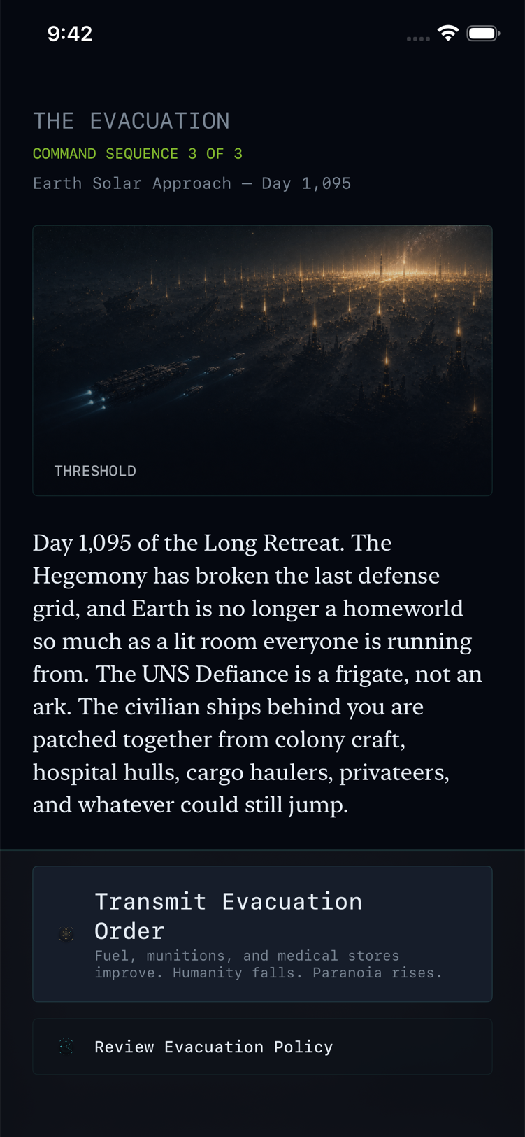 The Long Retreat — opening "Threshold" cinematic for the evacuation, with a glowing departure city under hegemony bombardment.