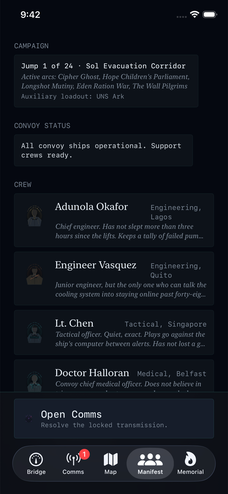 The Long Retreat — convoy manifest with active arcs, convoy status, and the named bridge crew.