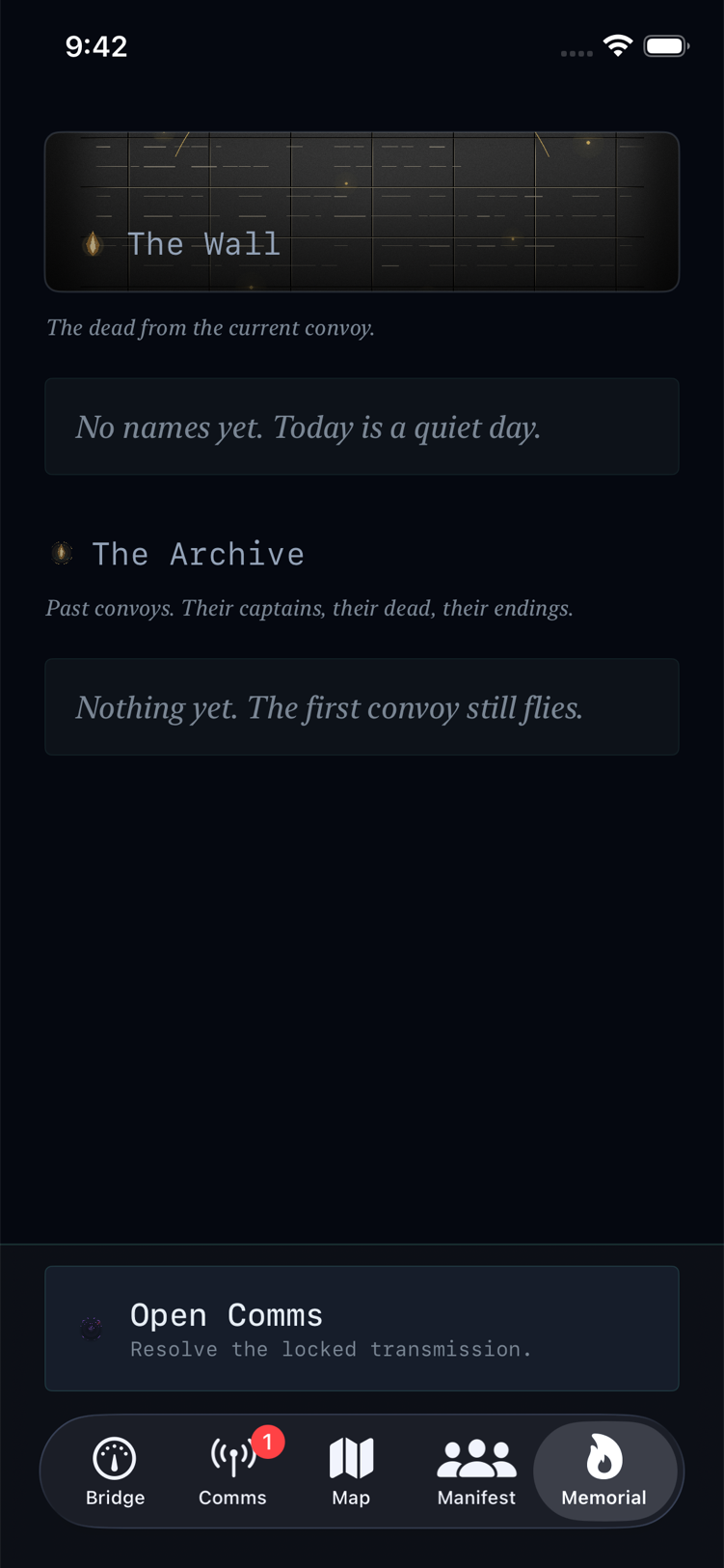 The Long Retreat — Memorial wall and Archive of past convoys, listing the dead from the current run and prior captains.