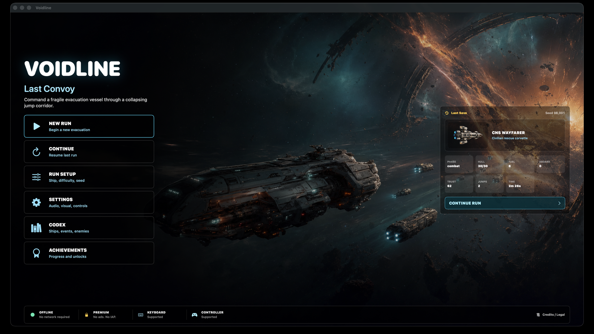 Voidline Steam saved-run menu state and convoy progress.