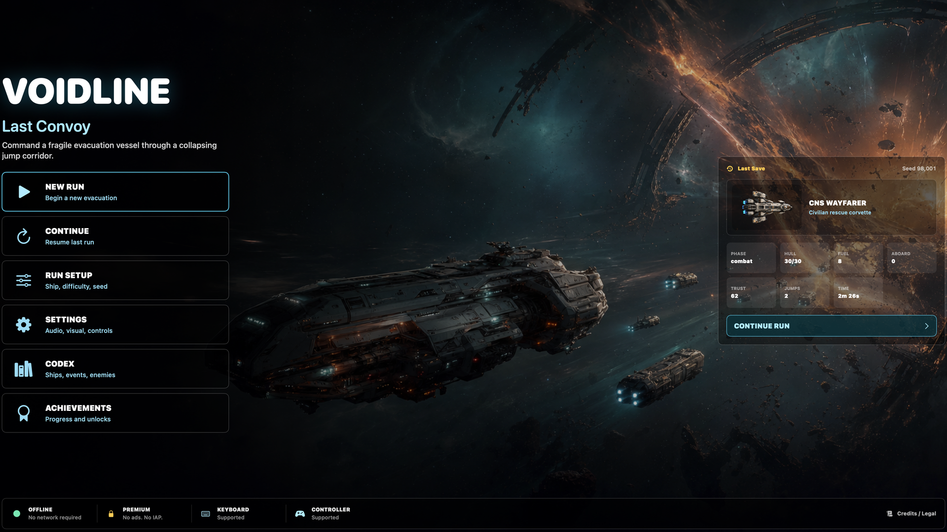 Voidline Steam menu and run entry screen.