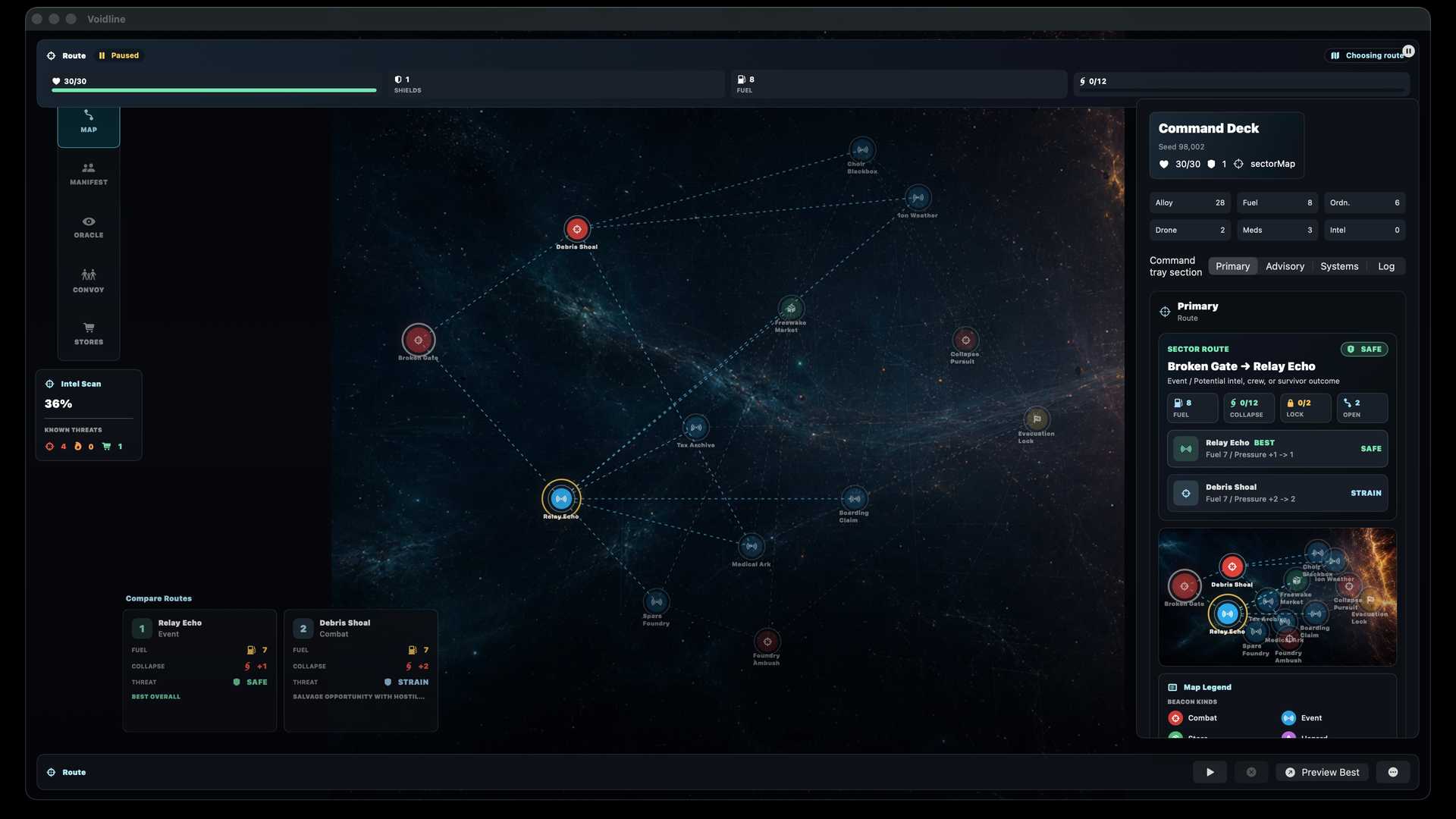 Voidline Steam route map with convoy path and strategic navigation.